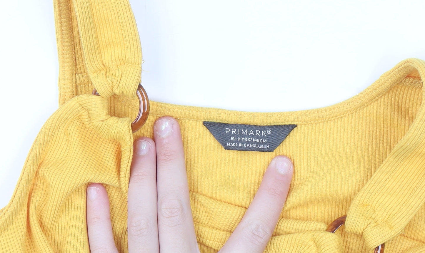 Primark Girls Yellow Ribbed Belted Sleeveless Playsuit 10-11 Years