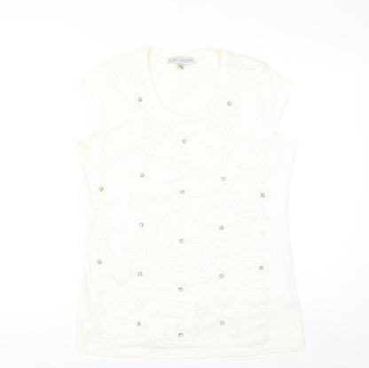 Kate Cooper Women's Ivory Floral Beaded Short Sleeve T-Shirt Size 16