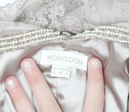 Monsoon Women Beige Size 10 Beaded Lace Fit & Flare Dress