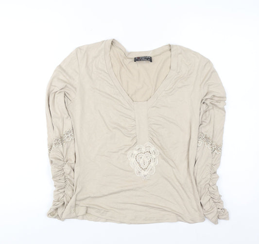 Absolute by Sorotos Women's Beige V-Neck Long Sleeve Stretch Blouse Size S