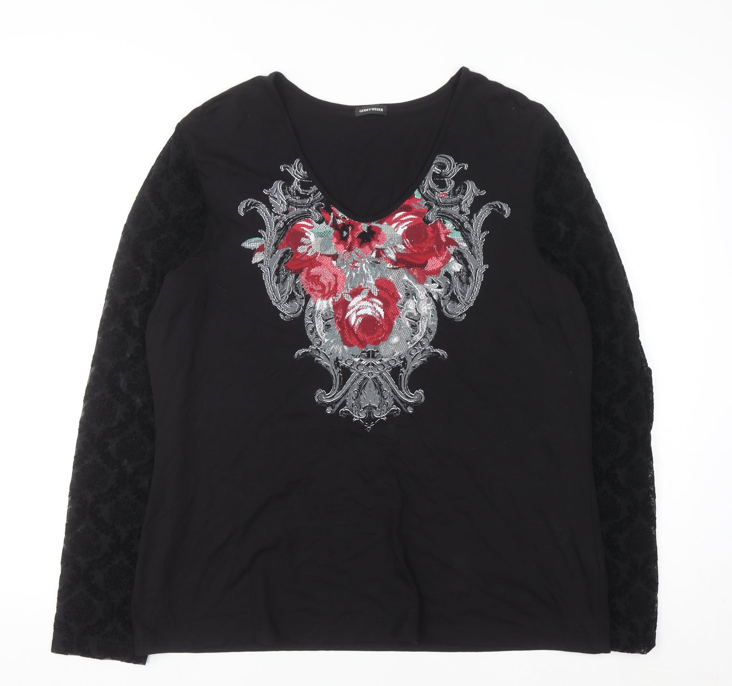 Gerry Weber Women Black Floral Embroidered V-Neck Long Sleeve Top Size 18