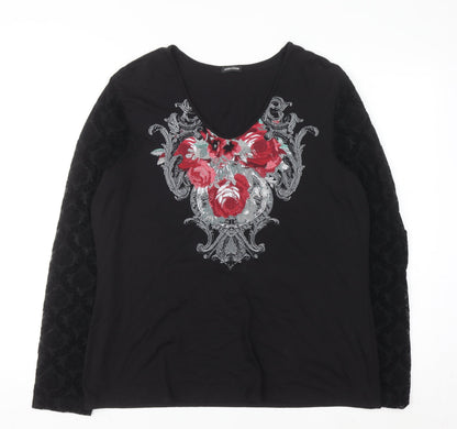 Gerry Weber Women Black Floral Embroidered V-Neck Long Sleeve Top Size 18