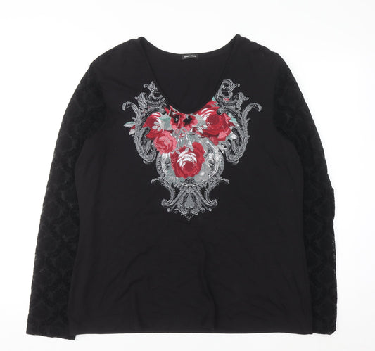 Gerry Weber Women Black Floral Embroidered V-Neck Long Sleeve Top Size 18