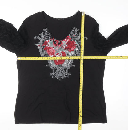 Gerry Weber Women Black Floral Embroidered V-Neck Long Sleeve Top Size 18