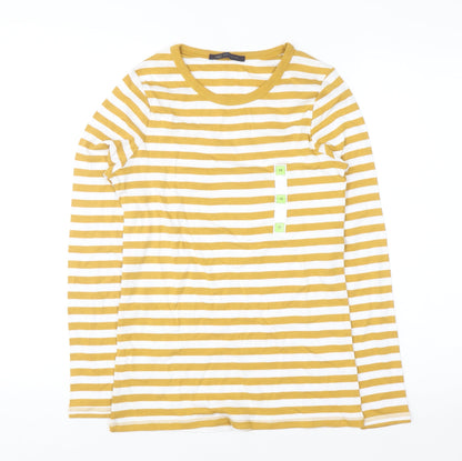 Marks and Spencer Women Yellow White Striped Cotton Long Sleeve T-Shirt UK 12