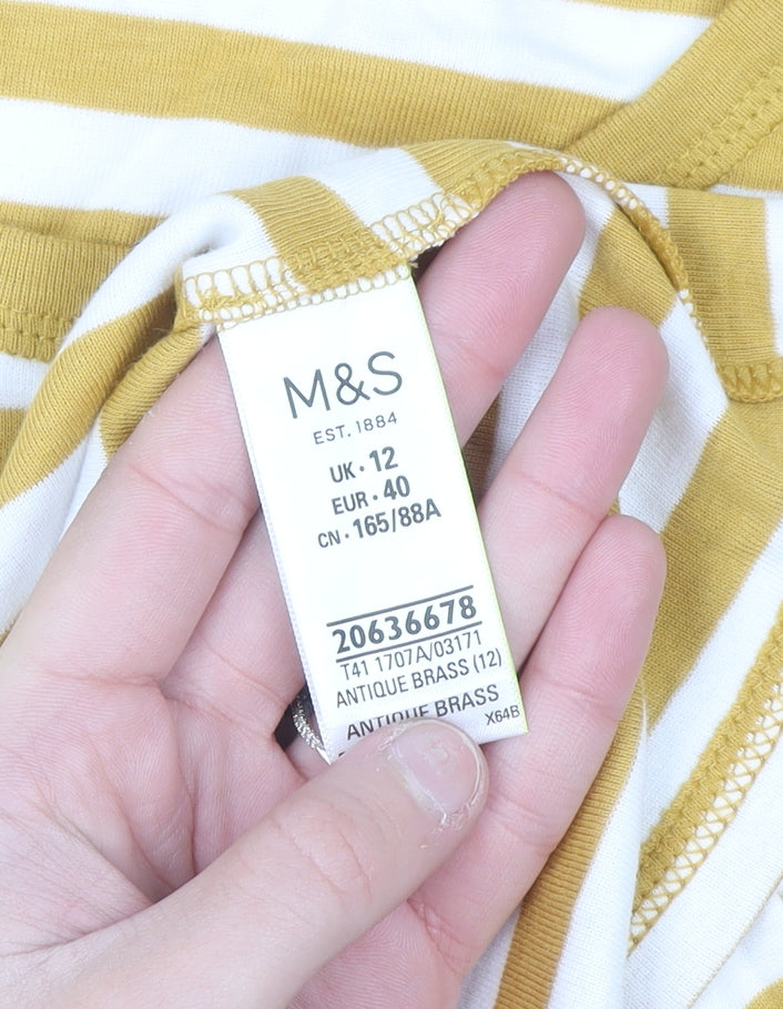 Marks and Spencer Women Yellow White Striped Cotton Long Sleeve T-Shirt UK 12