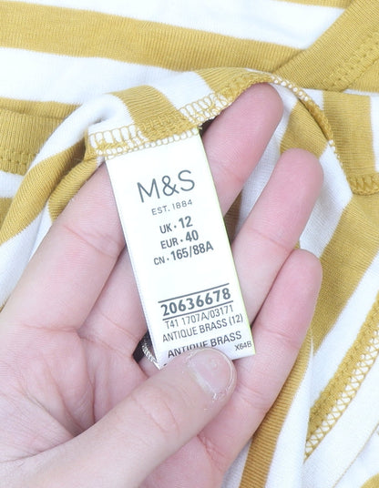 Marks and Spencer Women Yellow White Striped Cotton Long Sleeve T-Shirt UK 12