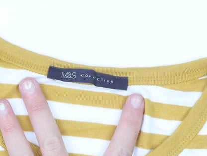Marks and Spencer Women Yellow White Striped Cotton Long Sleeve T-Shirt UK 12