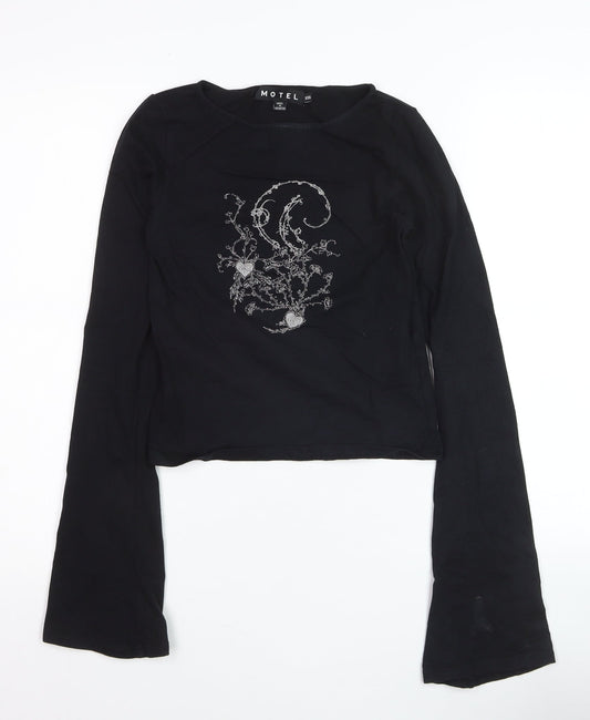 Motel Girls Black XXS Cropped Long Sleeve Graphic T-Shirt