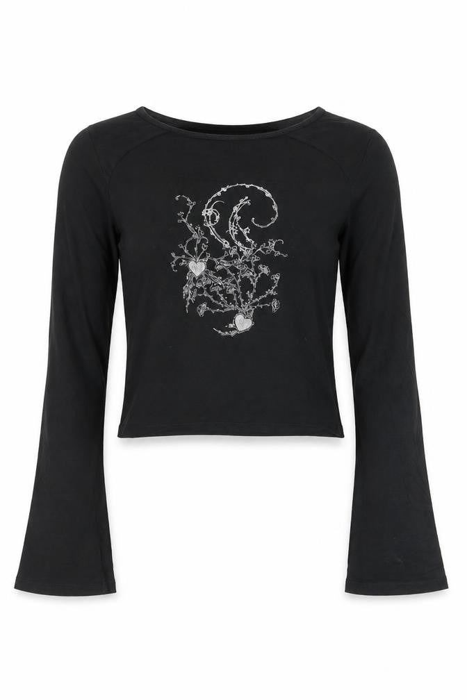 Front view of Motel Rocks girls’ black xxs cropped long sleeve graphic t-shirt