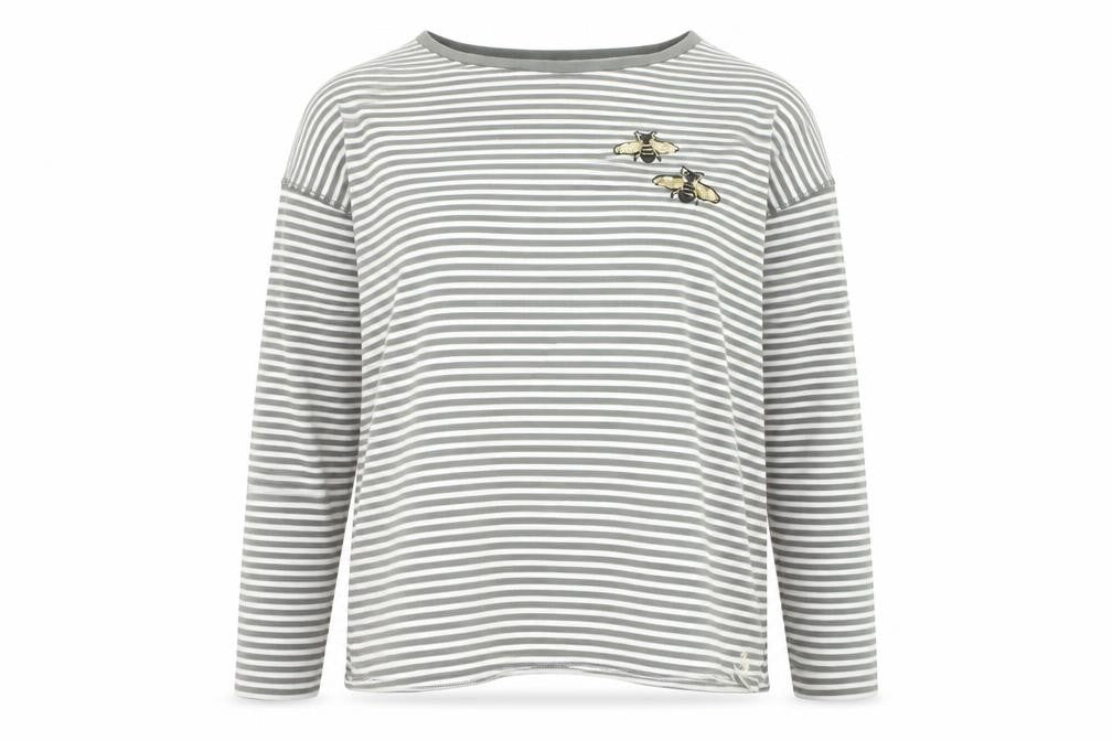 Joules Womens Grey Striped Bee Embroidered Cotton Long Sleeve T-Shirt UK 10