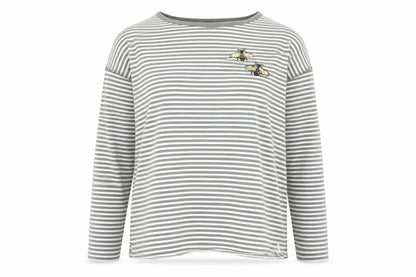 Joules Womens Grey Striped Bee Embroidered Cotton Long Sleeve T-Shirt UK 10