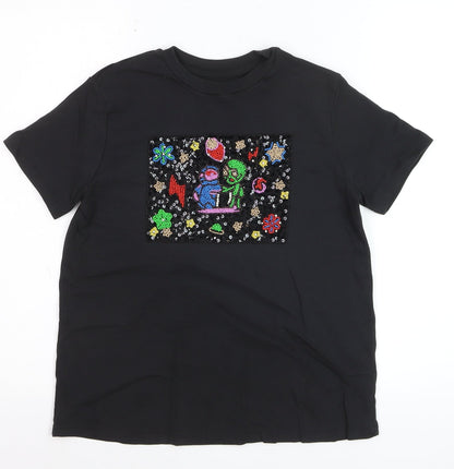 UTERQUE Girls Black Beaded Space Graphic Short Sleeve T-Shirt S