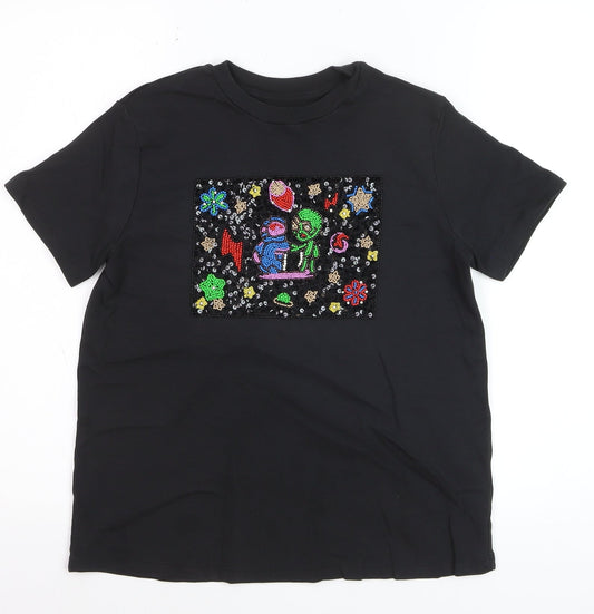 UTERQUE Girls Black Beaded Space Graphic Short Sleeve T-Shirt S