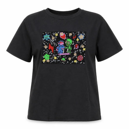 Front view of UTERQUE girls’ black beaded space graphic short sleeve t-shirt s