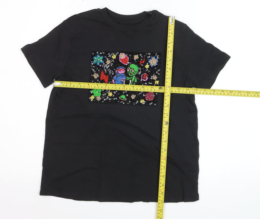 UTERQUE Girls Black Beaded Space Graphic Short Sleeve T-Shirt S