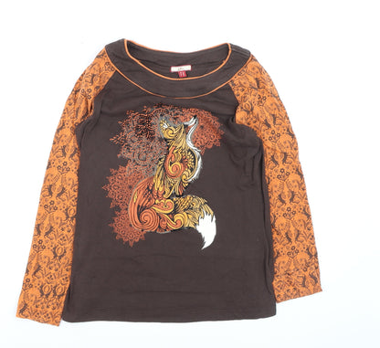 Joe Browns Womens Brown Long Sleeve Fox Print Cotton T-Shirt Size 12