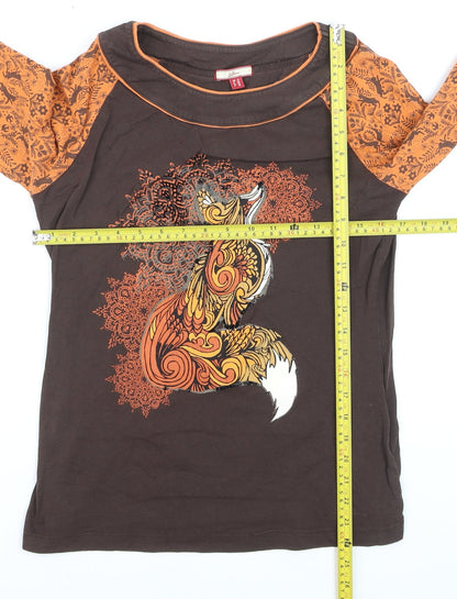 Joe Browns Womens Brown Long Sleeve Fox Print Cotton T-Shirt Size 12