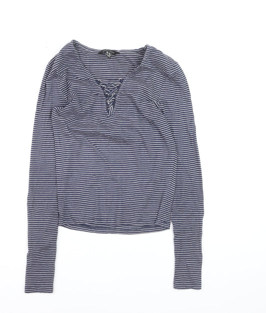 New Look Women's Blue Striped Lace Up Cropped T-Shirt Size 12