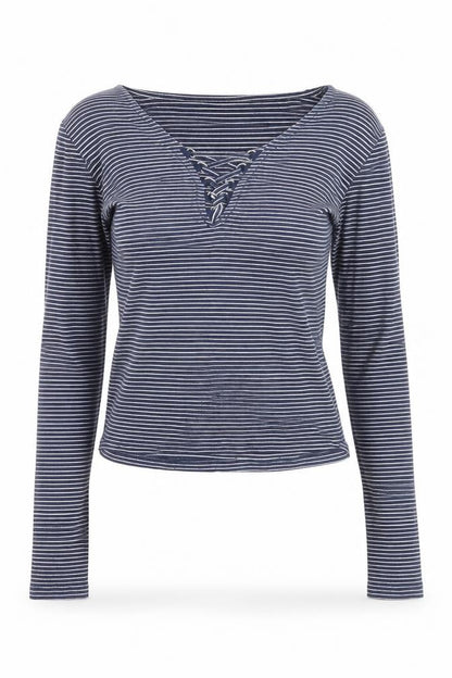 New Look Women's Blue Striped Lace Up Cropped T-Shirt Size 12