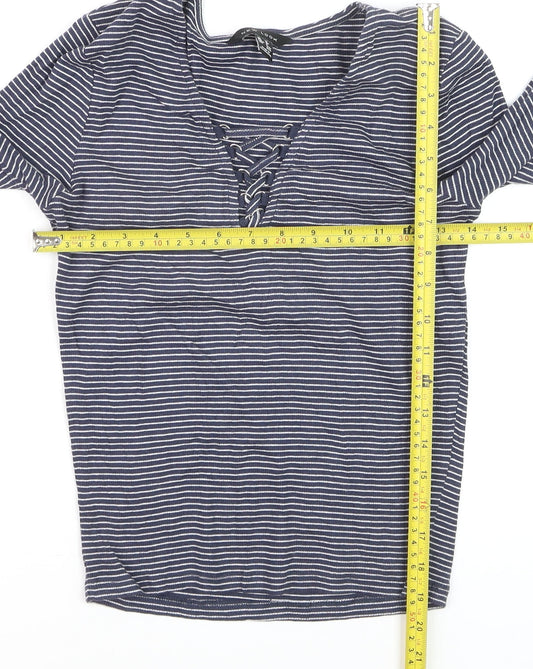 New Look Women's Blue Striped Lace Up Cropped T-Shirt Size 12