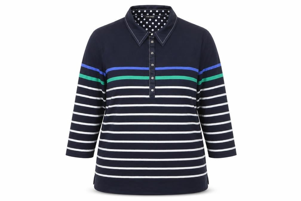 Gerry Weber Women's Blue Striped Polo Shirt Size 16 Cotton 3/4 Sleeve