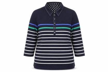 Gerry Weber Women's Blue Striped Polo Shirt Size 16 Cotton 3/4 Sleeve