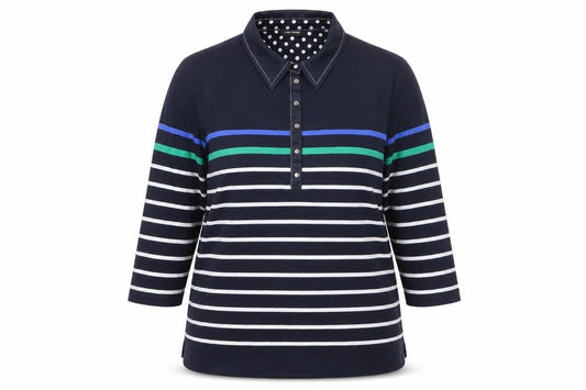 Gerry Weber Women's Blue Striped Polo Shirt Size 16 Cotton 3/4 Sleeve