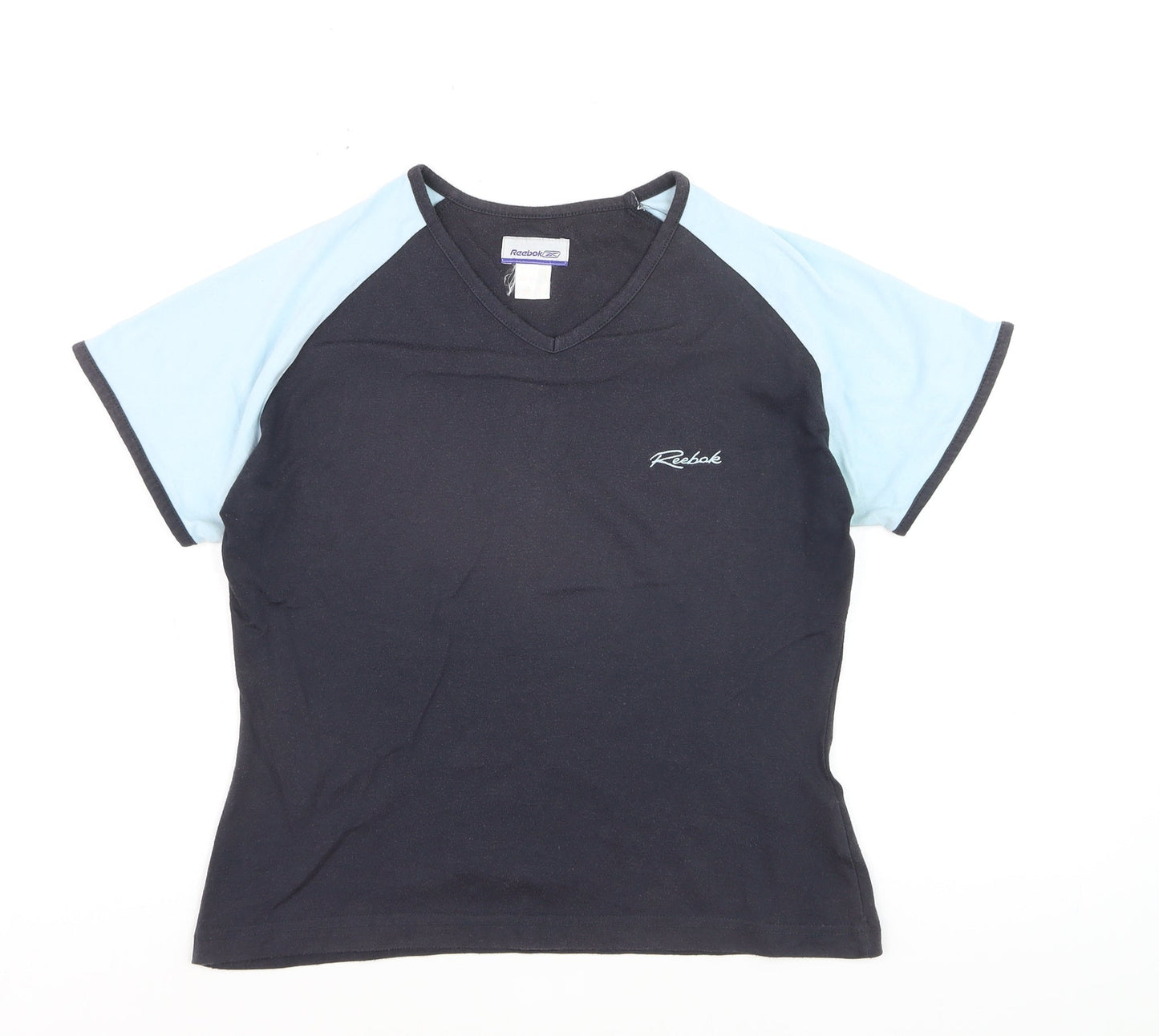 Reebok Women Black Blue V-Neck Short Sleeve Active T-Shirt M