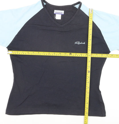 Reebok Women Black Blue V-Neck Short Sleeve Active T-Shirt M