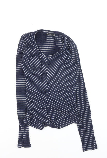 Bershka Women's Blue Striped V-Neck Long Sleeve T-Shirt M