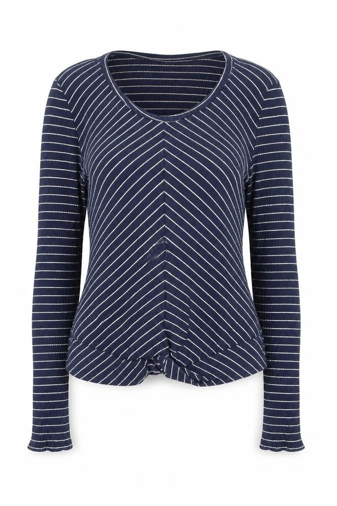Bershka Women's Blue Striped V-Neck Long Sleeve T-Shirt M