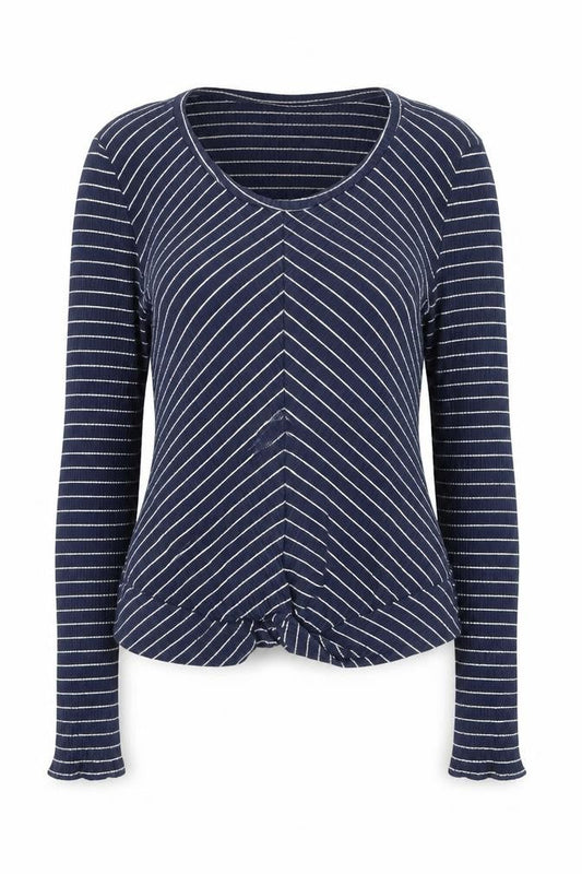 Bershka Women's Blue Striped V-Neck Long Sleeve T-Shirt M