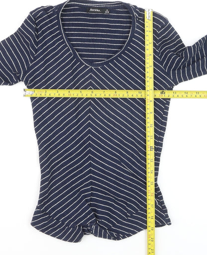 Bershka Women's Blue Striped V-Neck Long Sleeve T-Shirt M