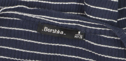 Bershka Women's Blue Striped V-Neck Long Sleeve T-Shirt M