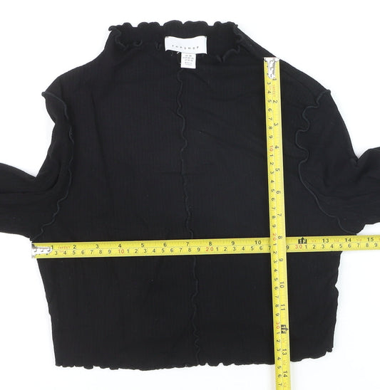 Topshop Women Black M Cropped Long Sleeve Ruffle Trim Top