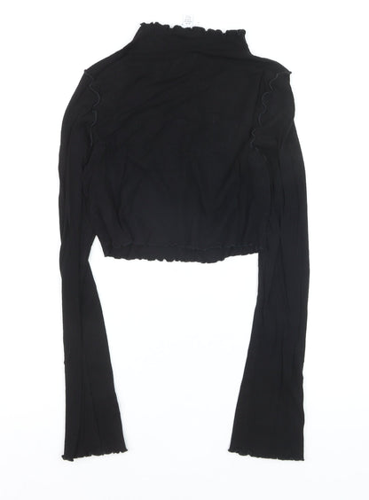 Topshop Women Black M Cropped Long Sleeve Ruffle Trim Top