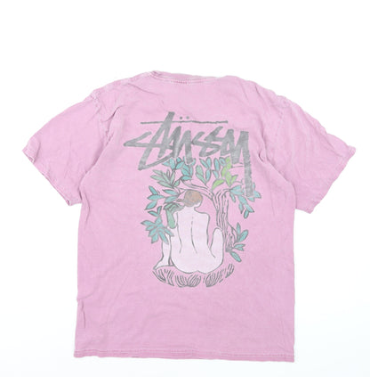 Stussy Men's Pink Graphic Print Cotton Crew Neck T-Shirt M