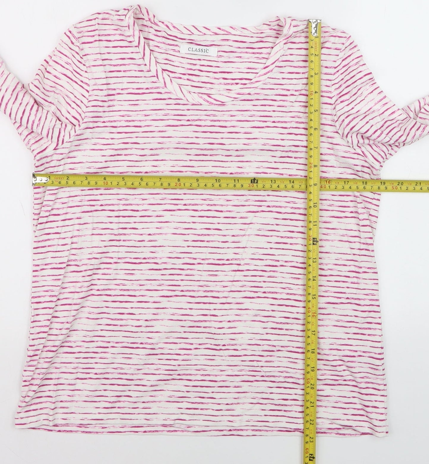 Marks and Spencer Women Pink Striped 3/4 Sleeve Basic T-Shirt Size 16