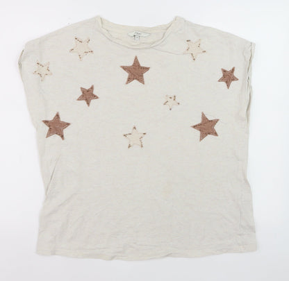 Next Women Beige Star Embroidered Cotton T-Shirt Size 14