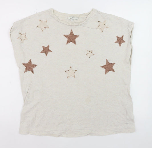 Next Women Beige Star Embroidered Cotton T-Shirt Size 14