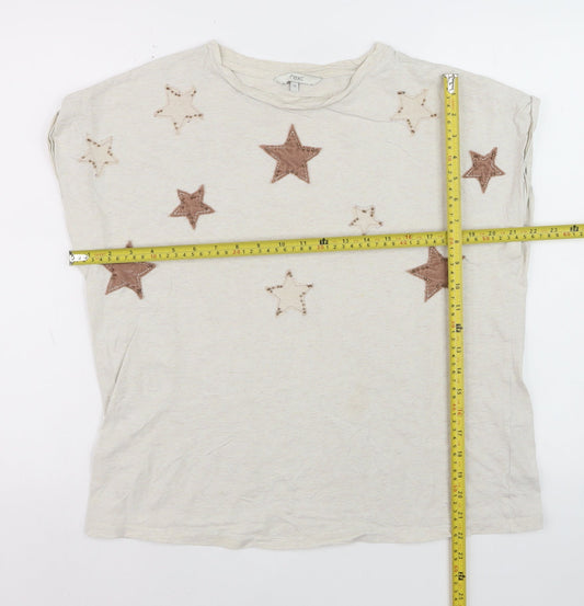 Next Women Beige Star Embroidered Cotton T-Shirt Size 14