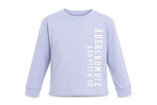 Front view of Abercrombie & Fitch Kids girls’ blue long sleeve crew neck graphic t-shirt 7-8 years