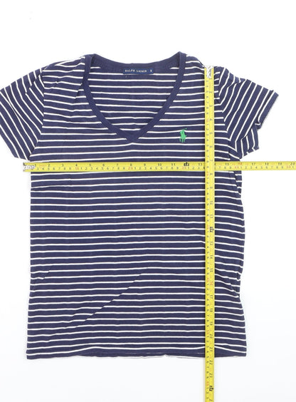 Ralph Lauren Women Blue Striped V-Neck Cotton T-Shirt Size S