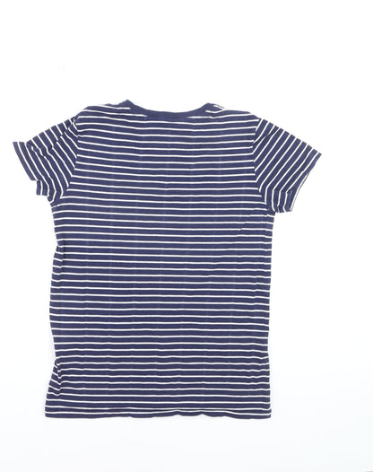 Ralph Lauren Women Blue Striped V-Neck Cotton T-Shirt Size S
