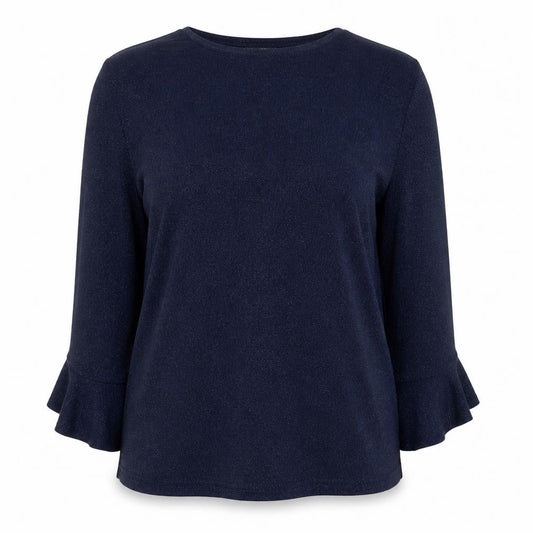 Front view of Dunnes Women’s Blue Glitter Long Sleeve Knit Blouse, size UK 10