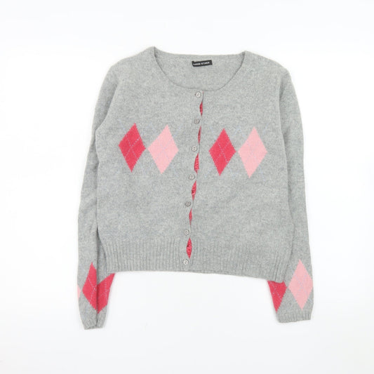 Dunnes Stores Women Grey Argyle Cardigan Size 16 Wool Blend