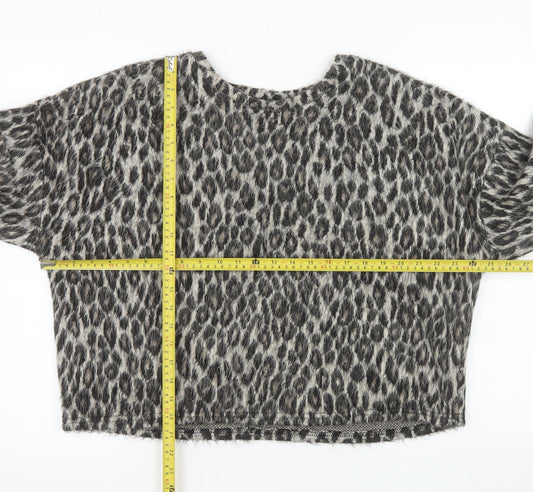 New Look Women Grey Leopard Print Pullover Sweater L