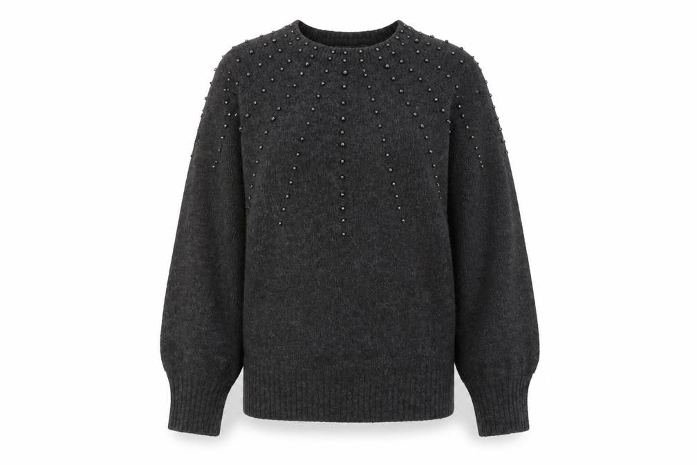 Primark Women's Grey Beaded Crew Neck Knit Jumper Size S 10/12