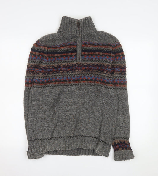 White Stuff Mens Grey Fair Isle Half Zip Wool Jumper Medium